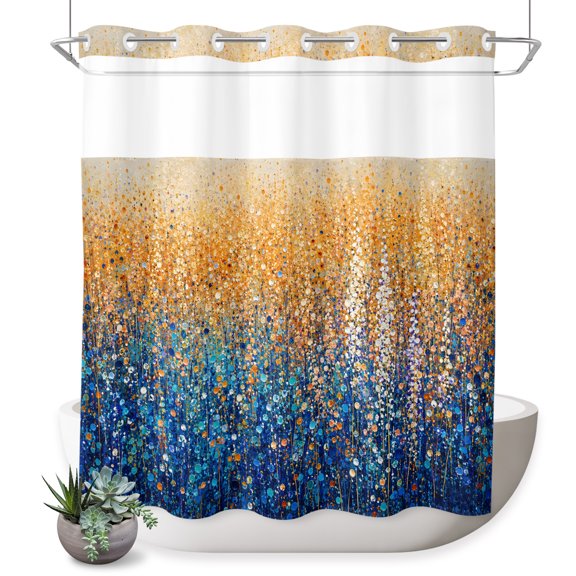 No Hook Shower Curtain, Impressionist Field Shower Curtains for Bathroom with See Through Top Window, Abstract Country Thicket Wildflowers Waterproof & Washable Bath Curtain Standard 72"x72"