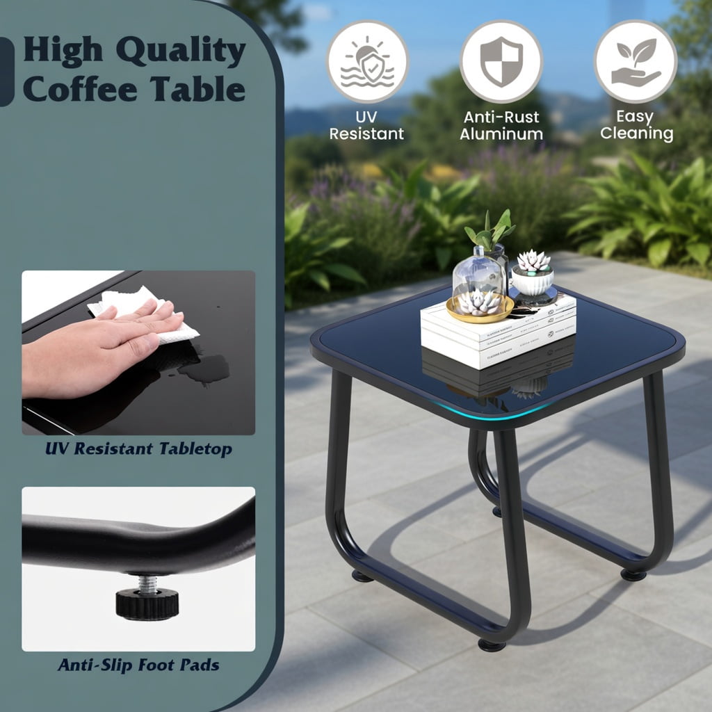 Hommoo 2-Piece Rocking Bistro Set with Tempered Glass Table, Outdoor Patio, Balcony & Backyard Seating for Adults, Black