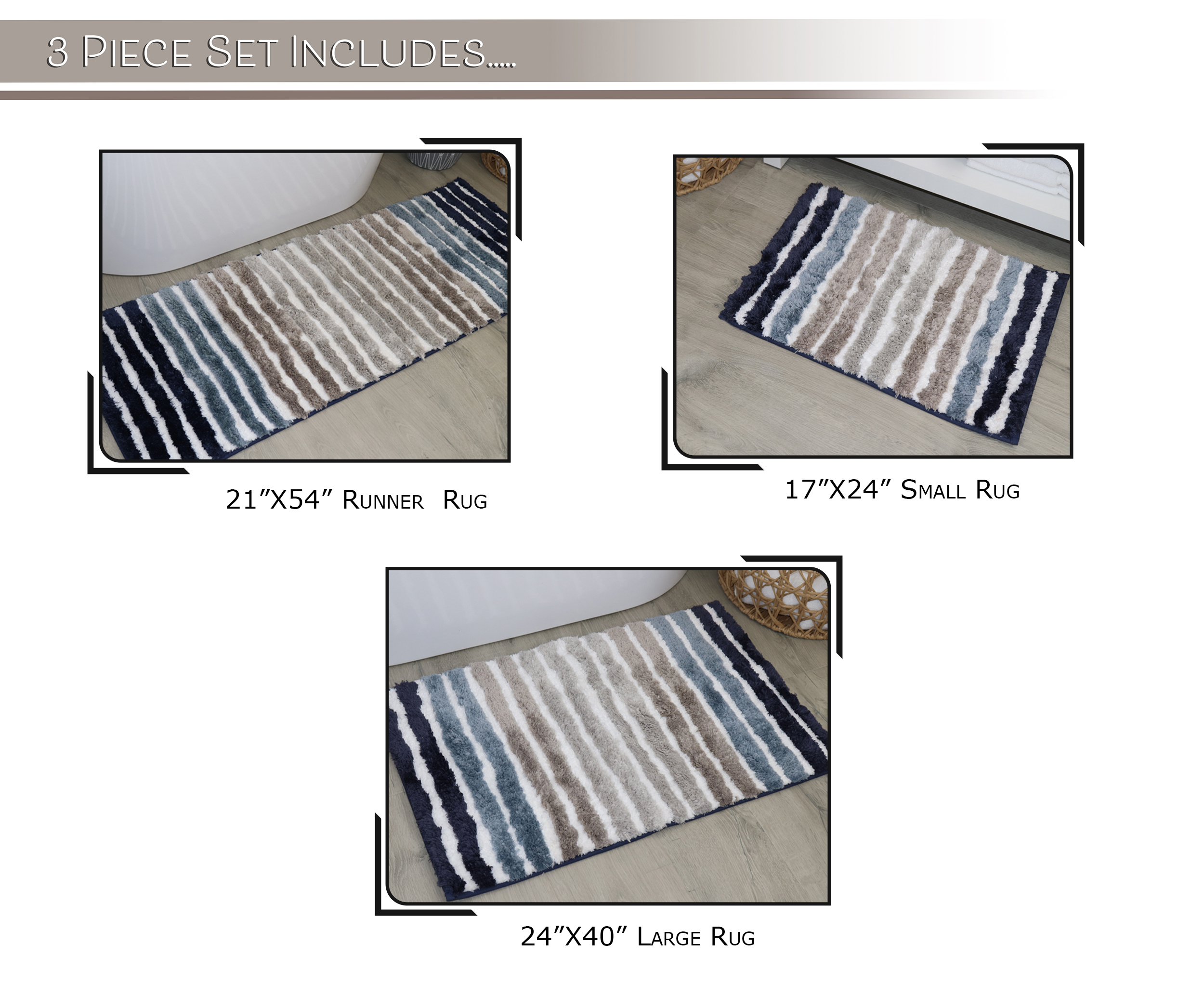 Bathroom Rugs Set of 3, Soft Microfiber Bath Mats, Absorbent & Quick Drying, Non-Slip Rubber Backing, Machine Washable Bathroom Floor Mats for Tub, Shower, Sink – 21x54, 24x40, 17x24 Navy