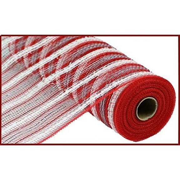 Snowdrift Metallic Stripe Deco Poly Mesh Ribbon - 10.5 inch x 30 feet (Red, White, Silver)