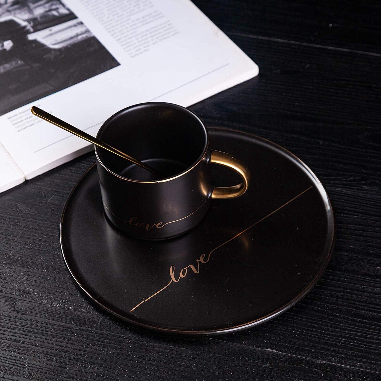 Porcelain Coffee Mug Set With Saucer & Spoon – Gold Trim & 'Love' Scripted Design