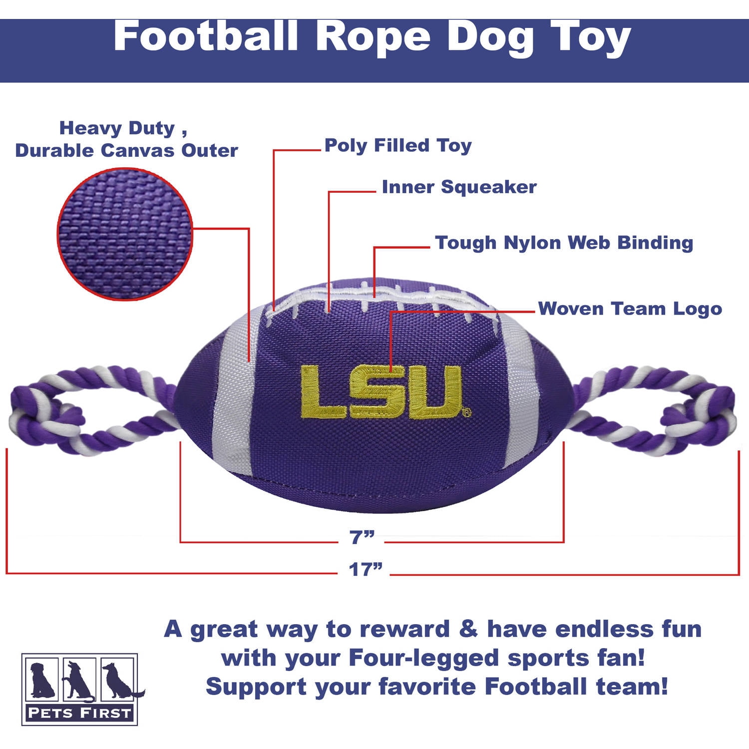 Pets First Collegiate Louisiana State Nylon Football-Licensed
