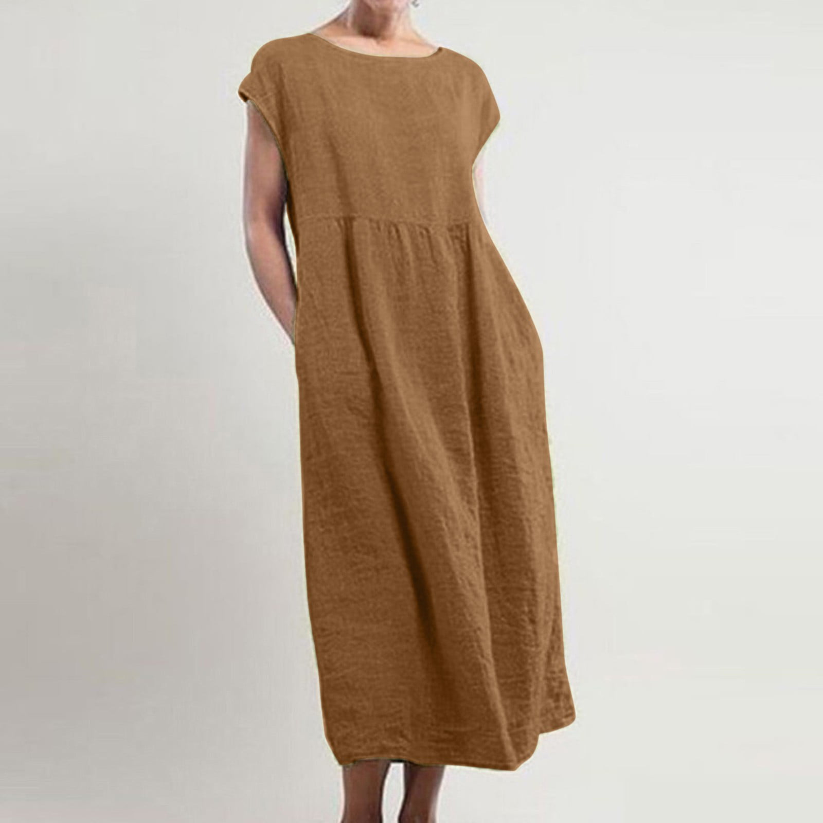 Fashion Women Solid O-Neck Sleeveless Cotton and Linen Vintage Irregular Dress 