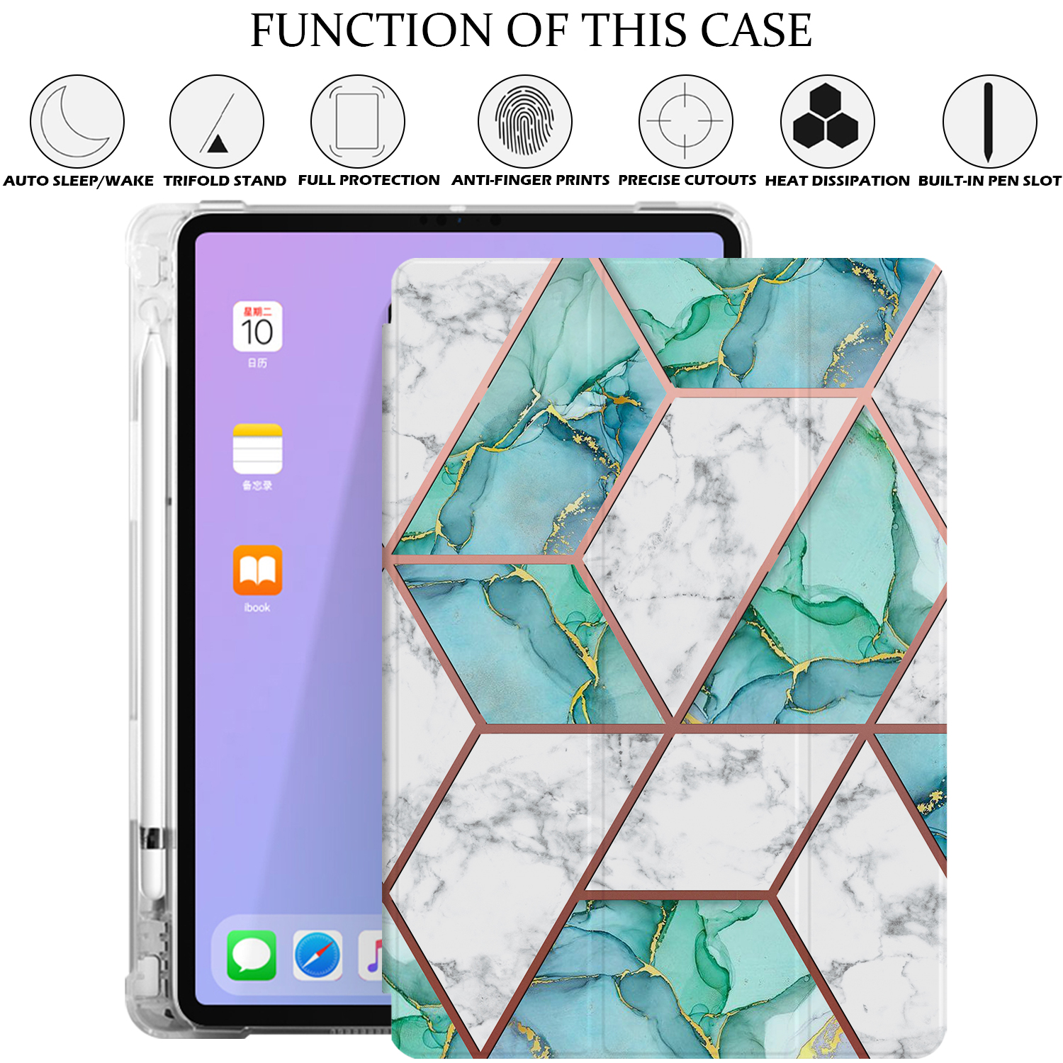 iPad 9th 2021 8th 2020 7th 2019 Gen [iPad 9 iPad 8 iPad 7 ] 10.2 Inch A2602 A2270 A2197 MK663LL/A MK673LL/A MYN62LL/A MW6Y2LL/A Clear Back TPU Silicone Back Printed Case Pencil Holder - Marble Green