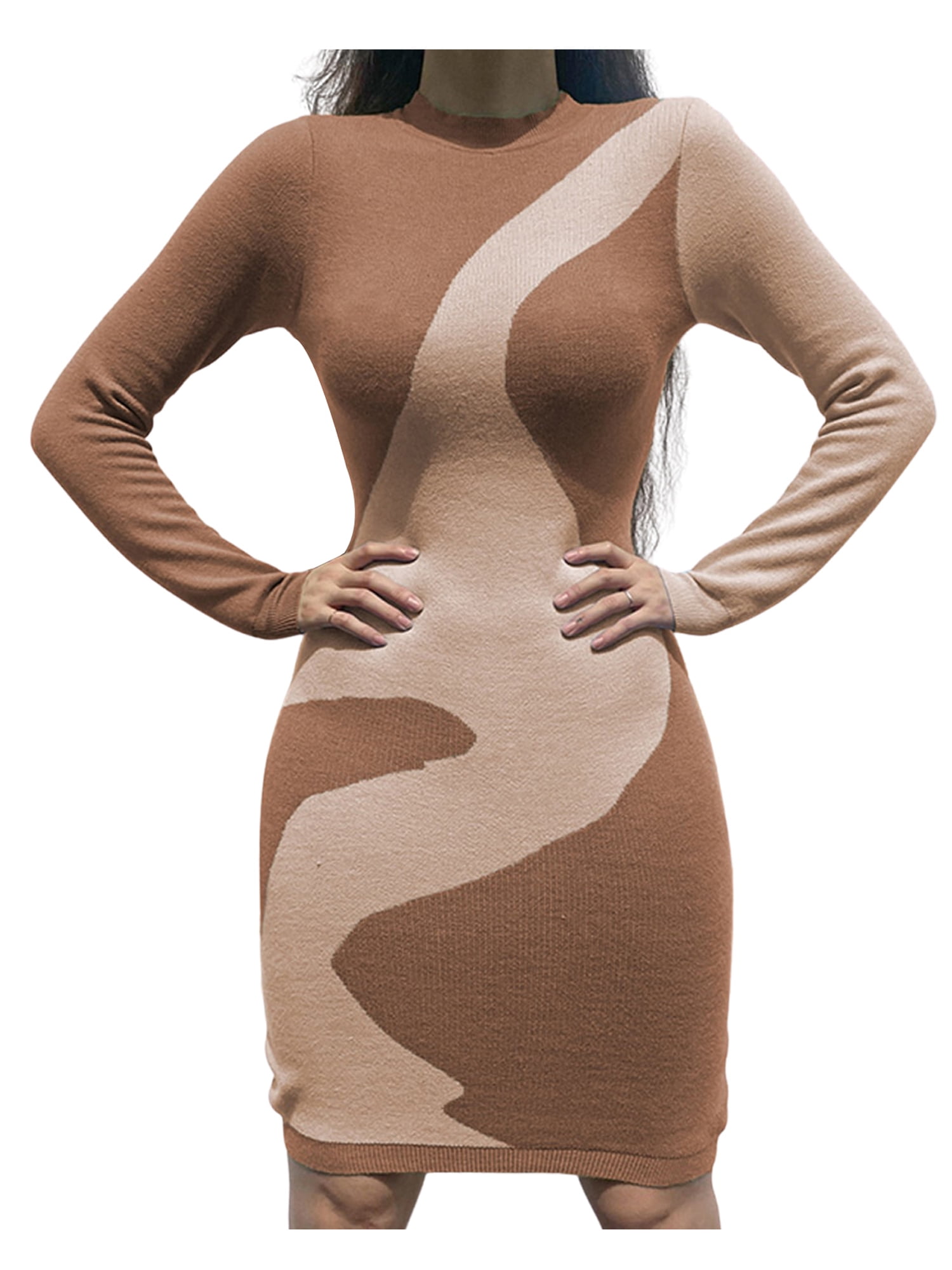 Women Ribbed Long Sleeve Sweater Dress 