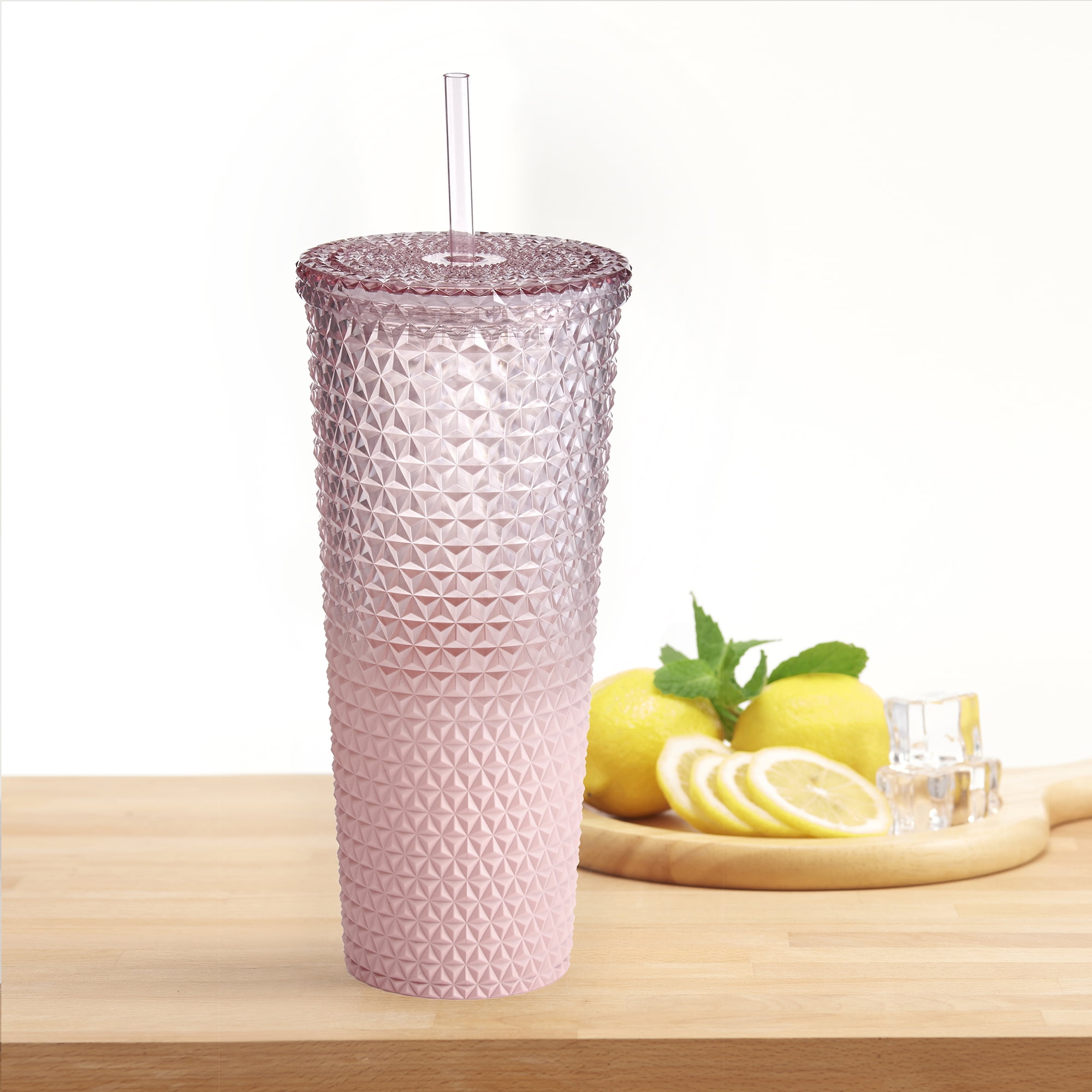 Mainstays 26 fl oz Ombre Pink Reusable Plastic Textured Tumbler, Double-Walled