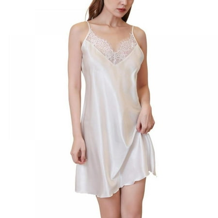 

Woman Summer Satin Silk Pajamas Ladies Hollow Lace Suspender Ruffle Leaf Hem Nightdress