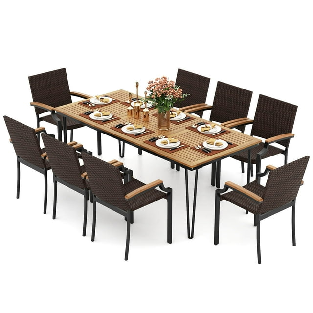 Gymax 9PCS Patio Dining Set w/79'' Rectangular Dining Table & 8 Stackable Rattan Chairs