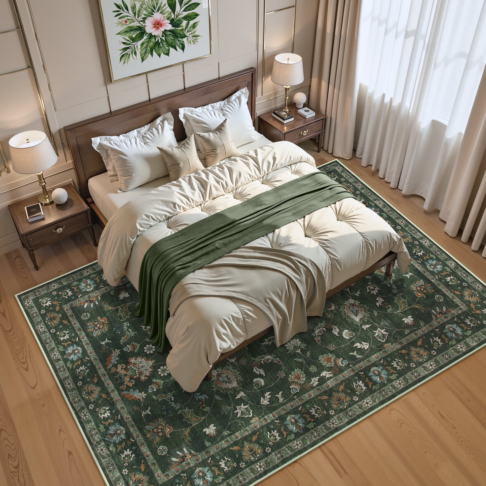 Lahome Decor Floral Area Rug 8x10, Machine Washable Rugs for Living Room, Non Slip Rug with Vintage Printed, Low Pile Carpet for Bedroom Dining Room Home Office, Green