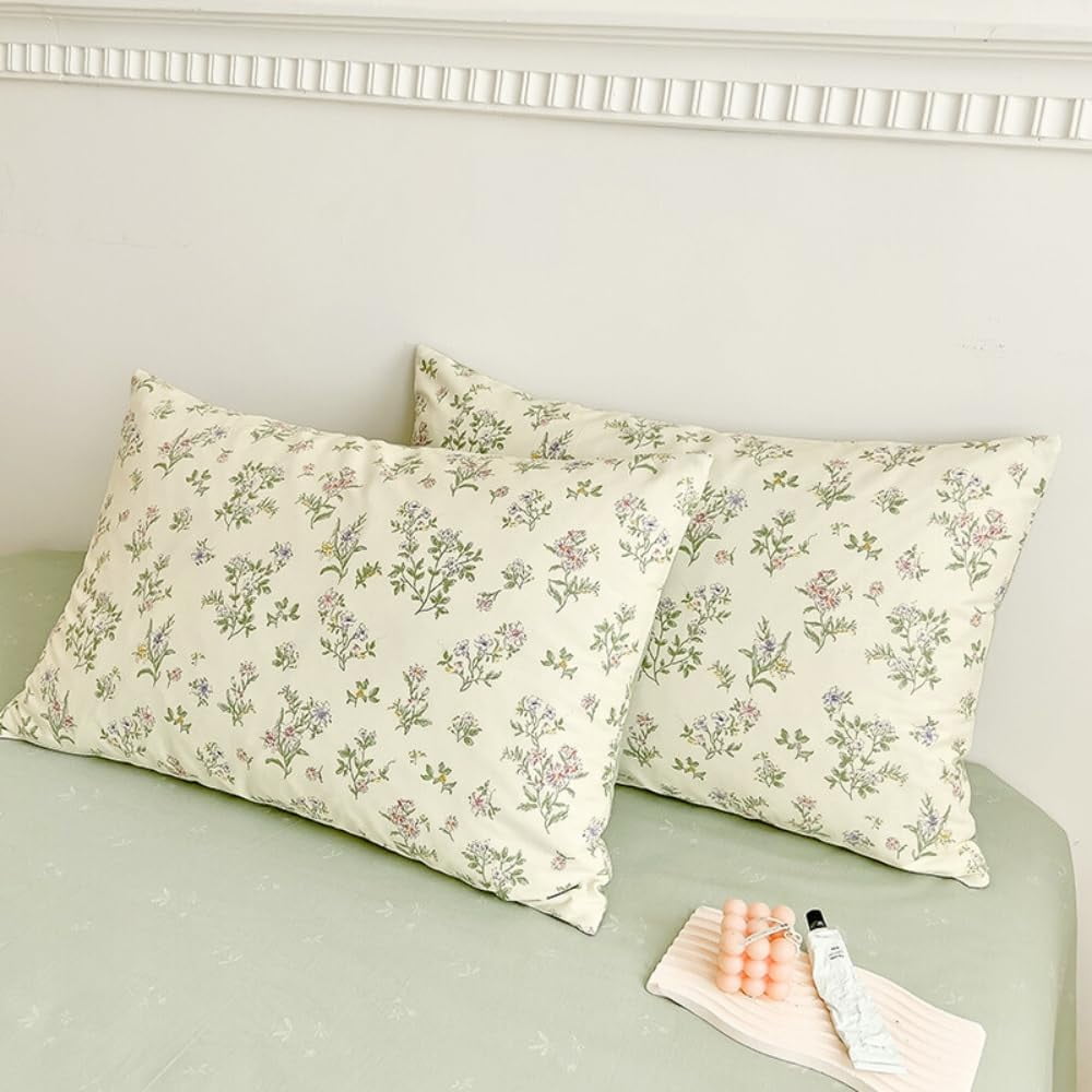 Nayoroom 100% Organic Cotton Duvet Cover Set, 3 Pieces White with Green Leaves Pink Flowers Pattern Reversible Soft Bedding Set King