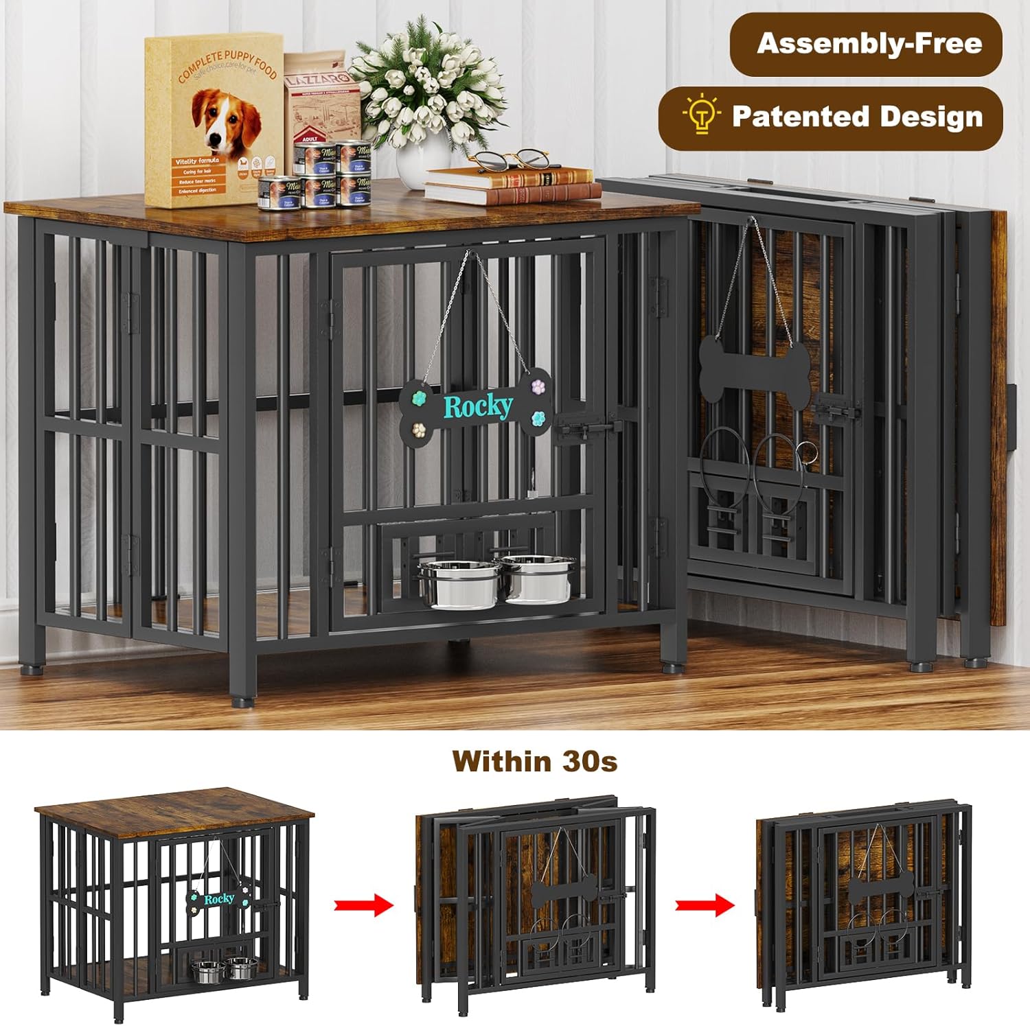 POAO 31" Dog Crate Furniture Foldable for Medium Dogs(20-40 lb), No Assembly Dog Kennel Indoor,Dog Cage with Adjustable Bowls &Name Tag,End Table