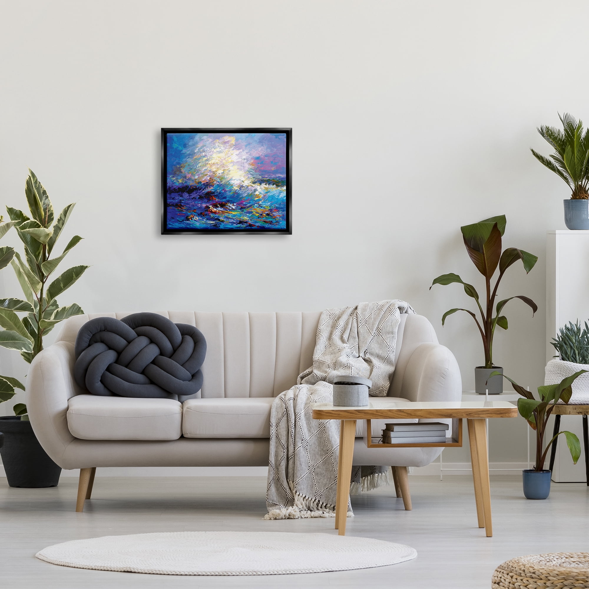 Stupell Industries Abstract Colorful Ocean Waves Landscape Painting Black Floater Framed Canvas Art Print Wall Art, 21 x 17