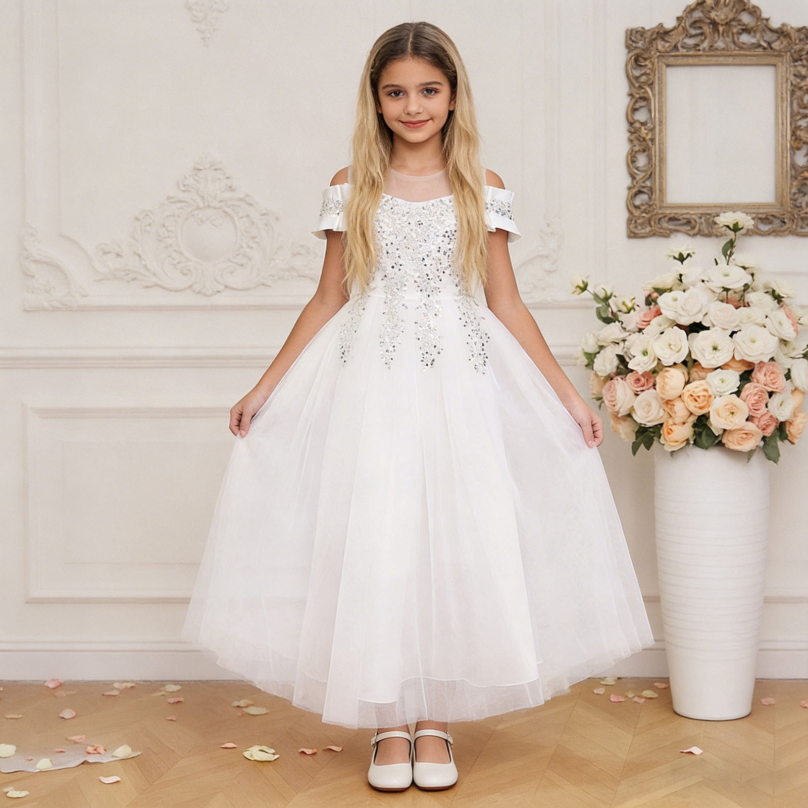 Wdgfv Elegant Off Shoulder Girls Dresses Tutu Skirt For Wedding Party Pageant Casual Wear Floral Appliques Gown