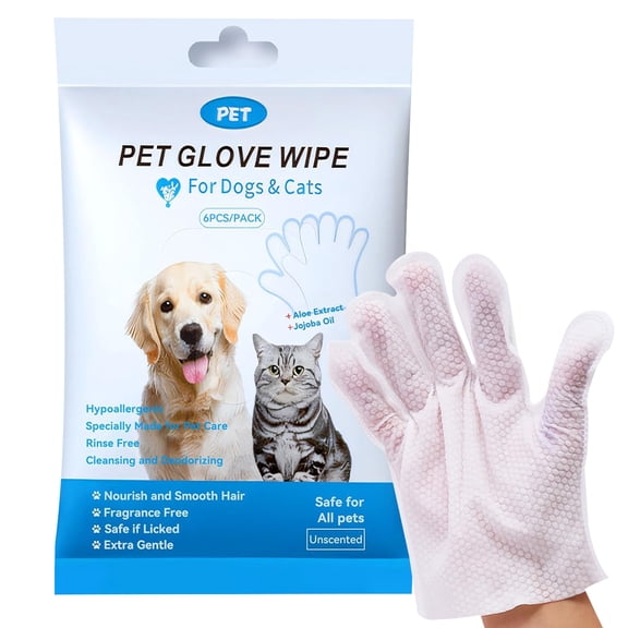Pet Glove Wipes for Dogs & Cats, Rinse Free Grooming Gloves, Thick Moist Deodorizing Cleaning Gloves Individually Wrapped, Hypoallergenic for Travel & Daily Use
