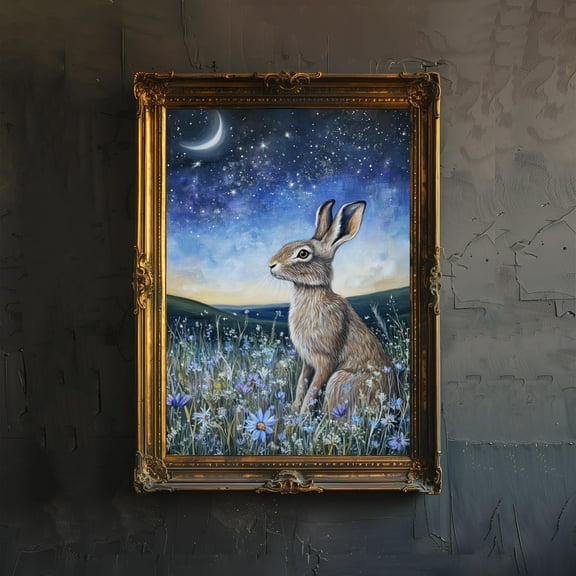 Hare Under Night Sky Cottagecore Art Print Mystical Woodland Wall Art Vintage Nature Poster for Living Room Bedroom or Gallery Wall Ethereal - Poster Unframed