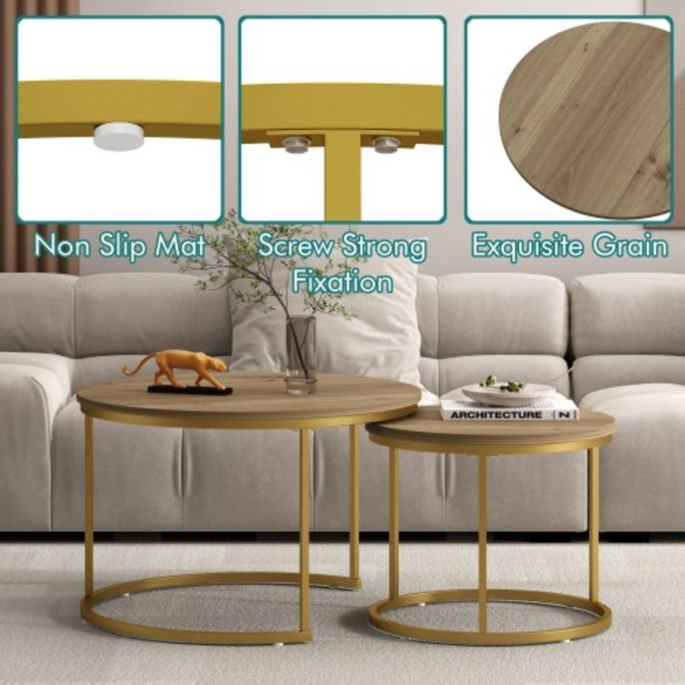 27.6" Nesting Coffee Table Set of 2, Round Wood Marble Pattern Top with Sturdy Metal Frame, Stackable End Tables for Living Room, Bedroom, Office, Brown & Gold