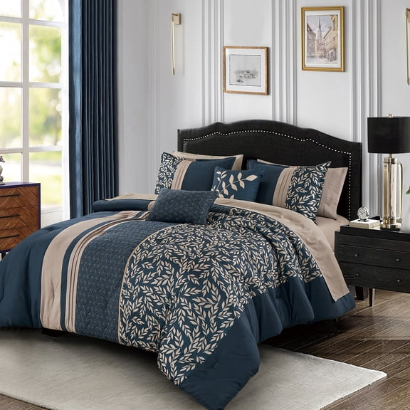 Bed-in-a-Bag 9-pieces Quella Floral Navy Comforter and Sheet Set King Size Blue and Beige Bed in Bag