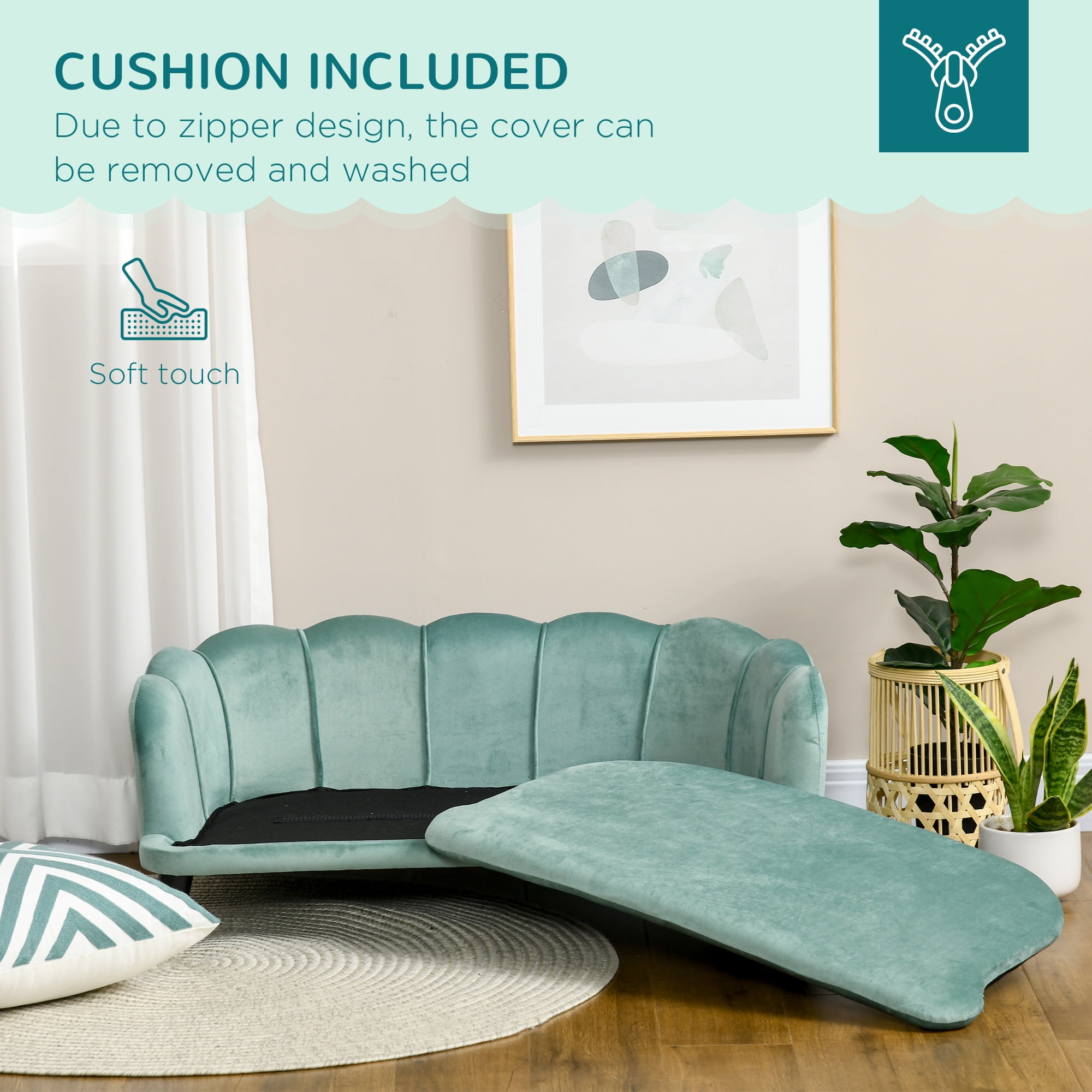 PawHut Pearl Design Pet Sofa for Medium and Large Sized Dogs, Pet Bed with Cushion and Solid Wood Legs, Green