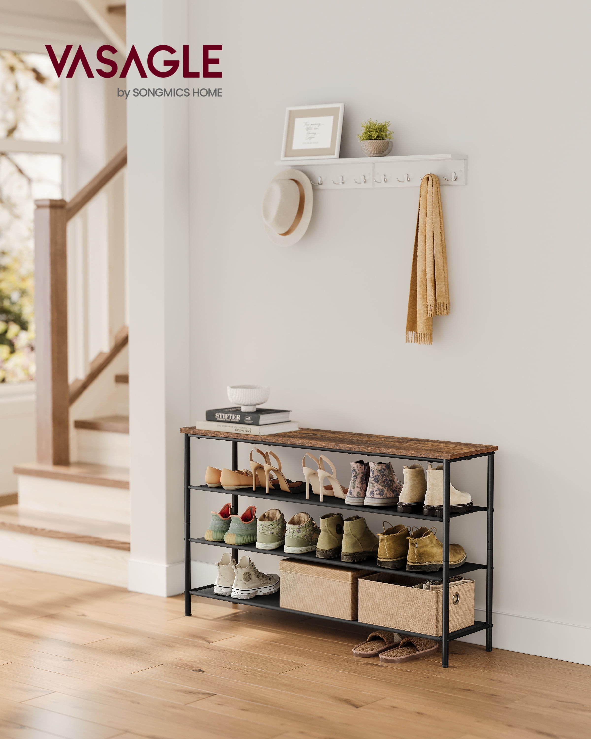 VASAGLE 4 Tier Shoe Rack for 15-18 Pairs,Shoe Organizer with Fabric Shelves and Wooden Top,  Rustic Brown/Black