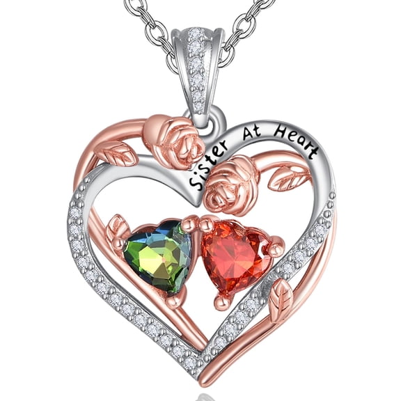 TANGPOET 925 Sterling Silver Sister Necklace, Rose Double Heart Crystal Pendant Jewelry Birthday Gifts for Women