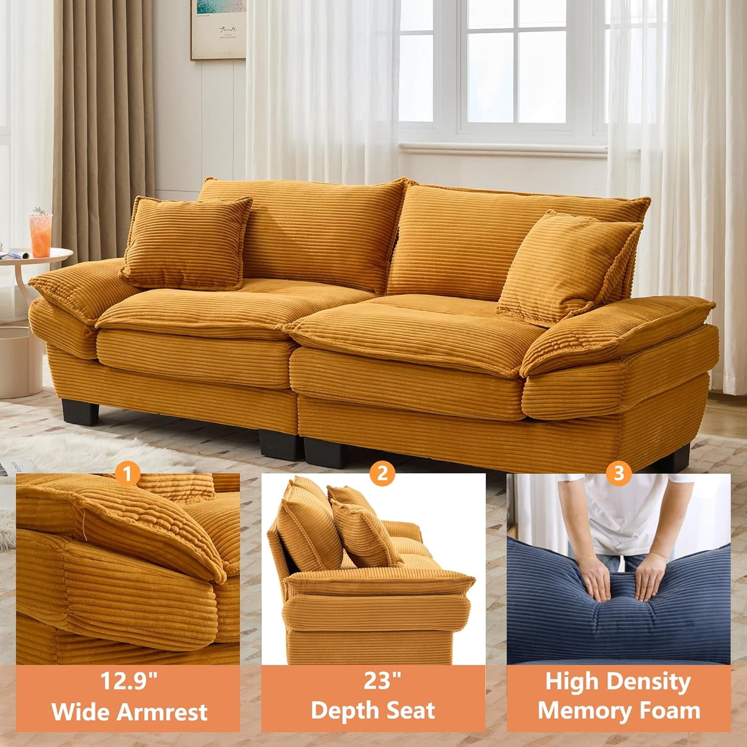 AENKYO 84" Corduroy Loveseat Sofa with Pillows, Modern 2-Seater Couch for Living Room,Yellow