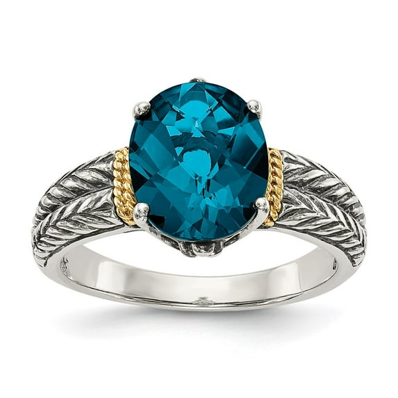 14K Two-Tone Gold Ring Band Birthstone Yellow (12) December London Blue Topaz Oval