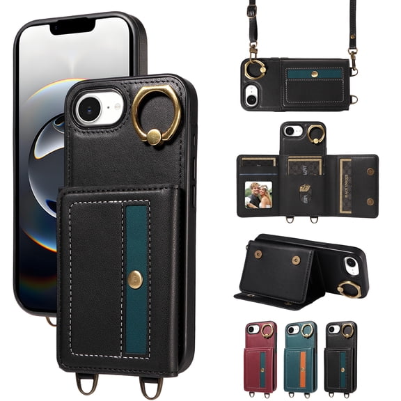 Allytechgroup Wallet Case for iPhone 16e, With Shoulder Strap Cards Slots Ring Holder Stand Cards Slots RFID Blocking Shockproof Protective Phone Case for iPhone 16e Girls Women, Black