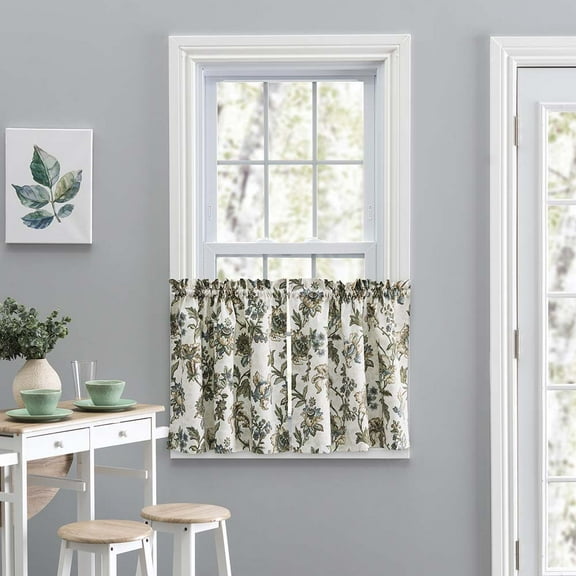 Ellis Curtain Madison Floral Design Printed Natural Ground 1.5" Rod Pocket Tailored Tier 56" x 24" Blue
