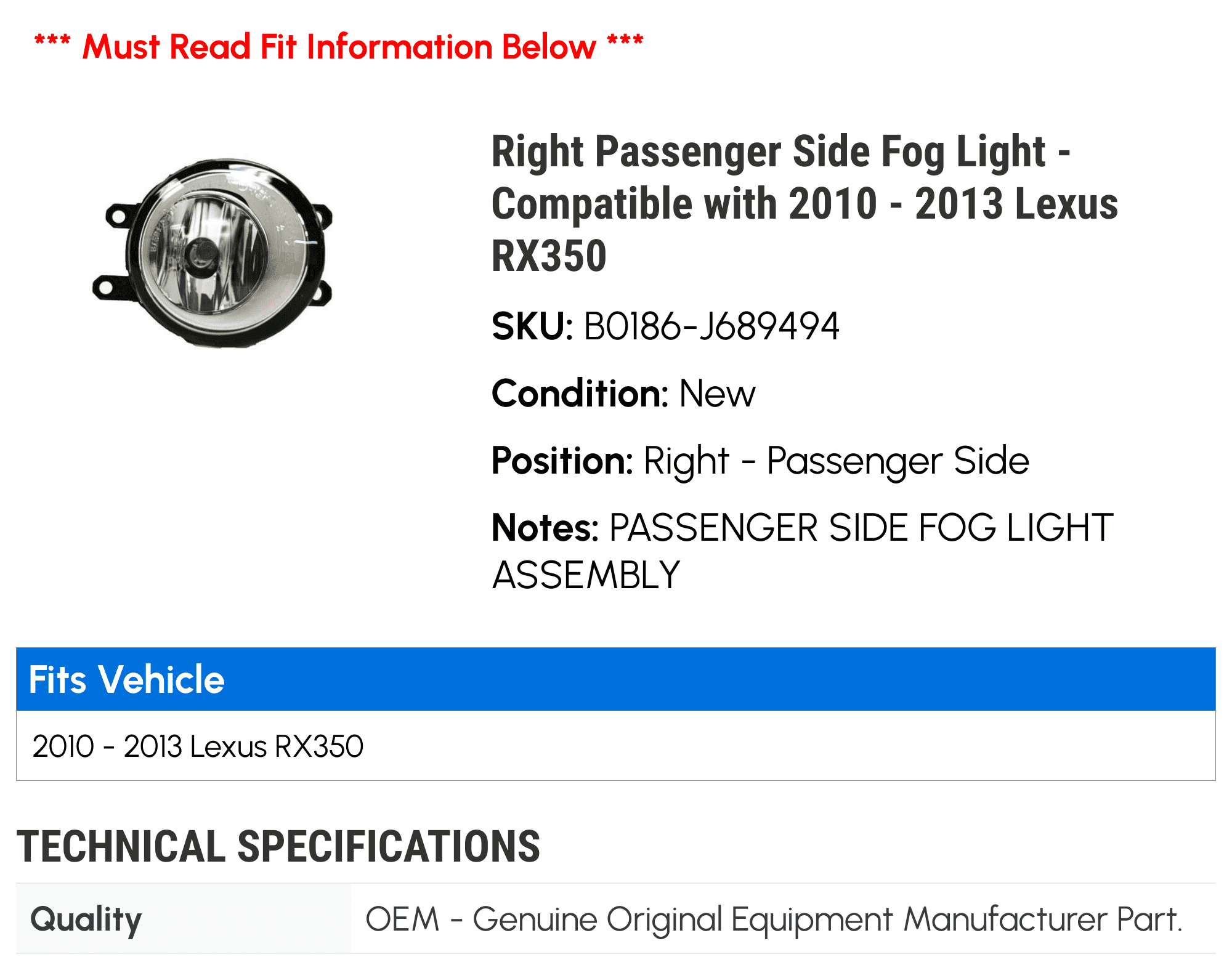 Right Passenger Side Fog Light - Compatible with 2010 - 2013 RX350 2011 2012