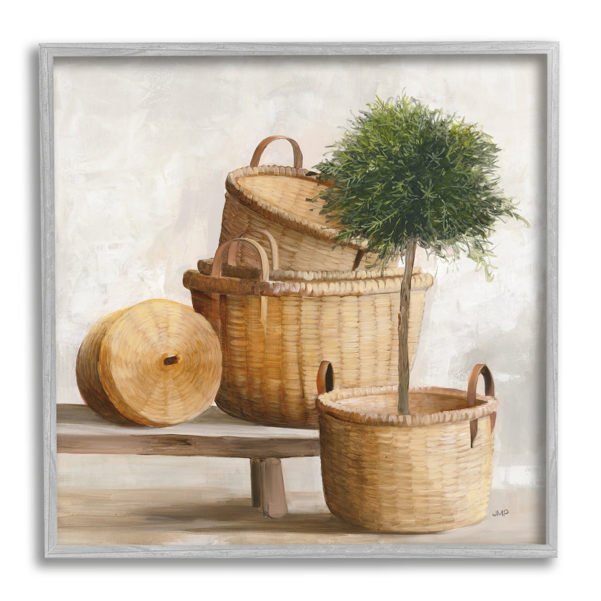 Stupell Industries Traditional Whicker Baskets Stacked Still Life Painting Gray Framed Art Print Wall Art, 12x12, by Julia Purinton