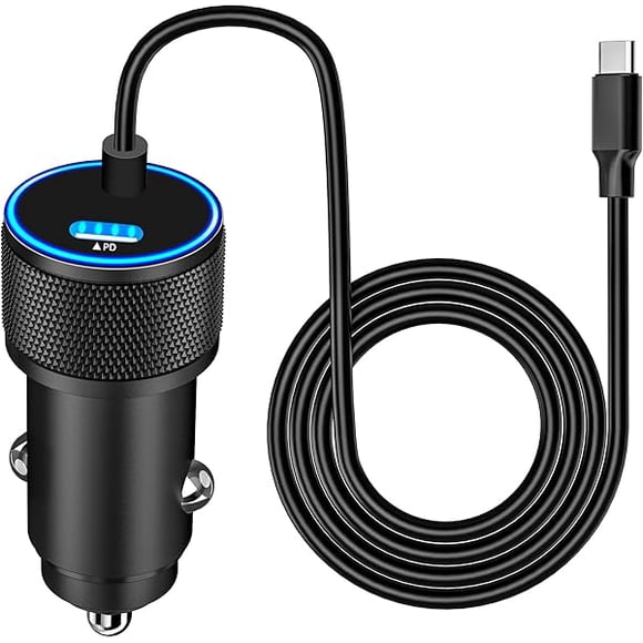 AoVoTo iPhone 16 Fast Car Charger, 75W USB-C PD&QC3.0 Power Cigarette Lighter USB Car Charger with 6FT Coiled Type-C Cable for iPhone 16 Pro/16 Plus/16 Pro Max/15/15 Pro/iPad Pro