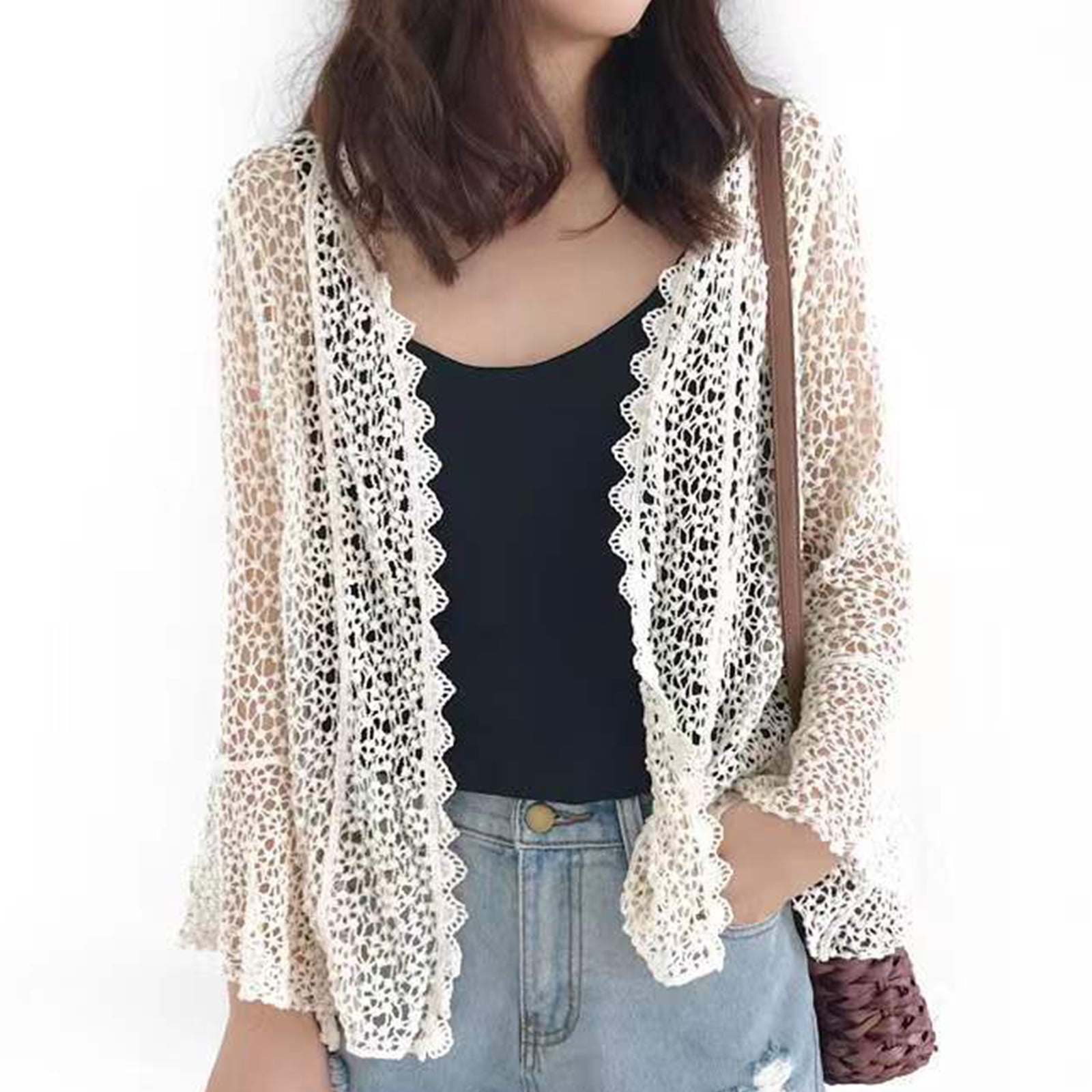 JUNTEX Women Spring Flare Long Sleeve Shrug Cardigan Hollow Out Crochet  Knitted Open Front Sheer Lace Cover Up Sweater Casual Loose Outwear Coat -  Walmart.com