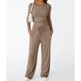 thumbnail image 6 of Women'S 2 Piece Matching Lounge Set Long Sleeve Slightly Crop Top Wide Leg Pants Casual Sweatsuit Khaki S, 6 of 9