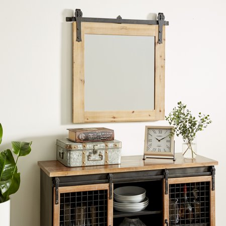 DecMode Industrial Brown Square Shaped Wall Mirror with Natural Wood Grain Pattern, 31"W x 31"H