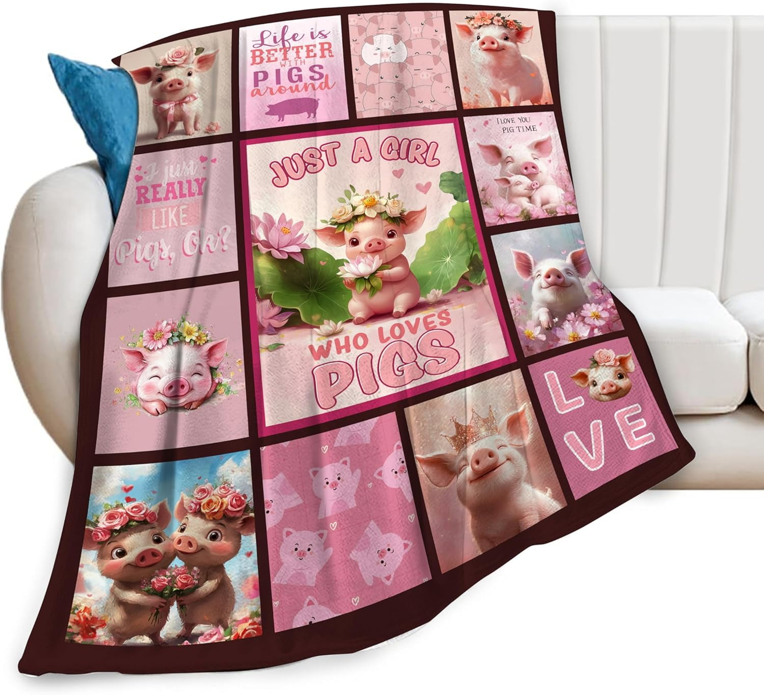 Pink Pig Blanket Who Loves Pigs Blankets for Women Flowers Fleece Cozy Flannel Warm Soft Fuzzy Plush Funny Animal Print for Sofa Bed Decor Gifts for Pig Lovers Users Men Women 80"x60"