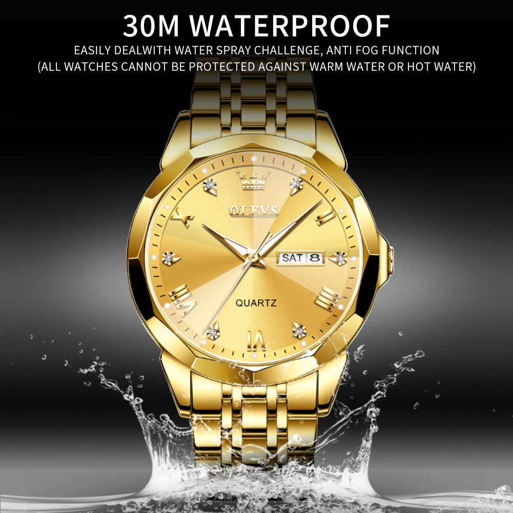 OLEVS Watch for Men Diamond Business Dress Analog Quartz Stainless Steel Waterproof Luminous Date Luxury Casual Wrist Watch Gold Dial