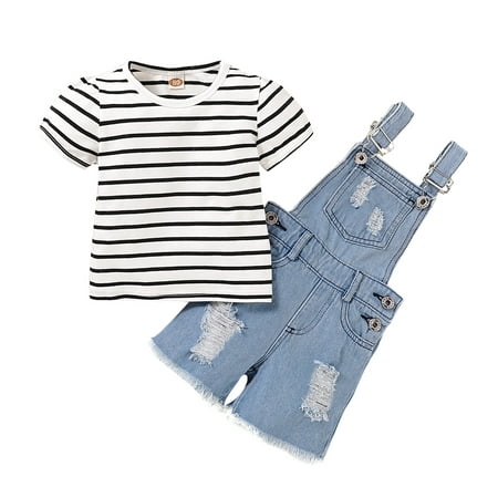 

Kucnuzki 3T Toddler Girl Summer Outfits Shorts Sets 4T Short Sleeve Solid Color Cozy T-Shirt Tops Suspender Denim Overall Shorts 2PCS Set White
