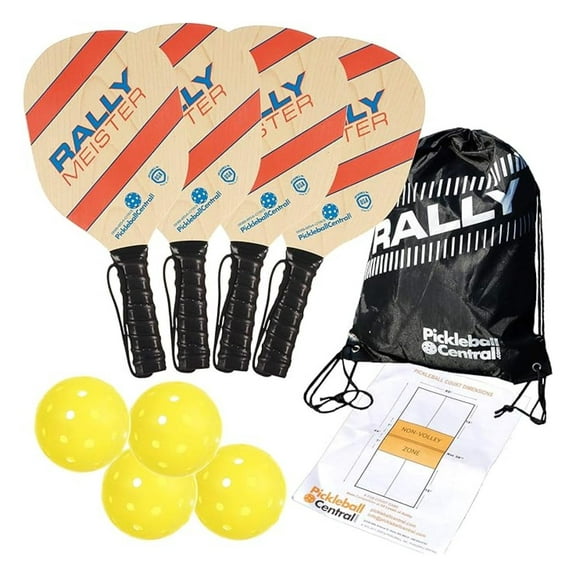 Rally Meister Beginner Wood Pickleball Paddle Set for 4 Players (4 Paddles   4 Outdoor Pickleballs   Drawstring Bag   Rules/Strategy )