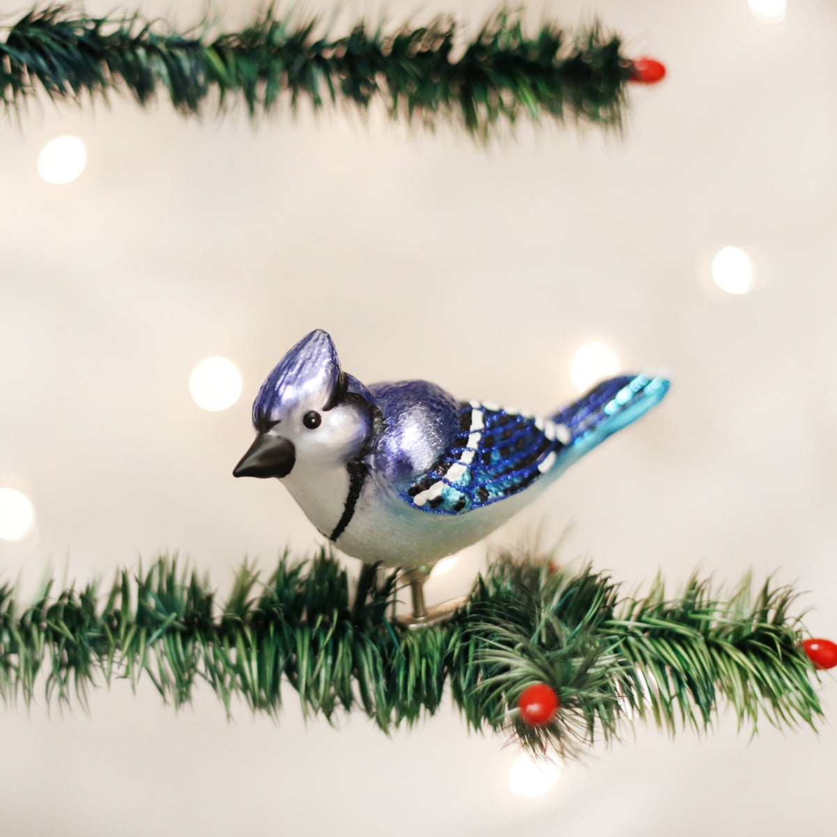 Old World Christmas Bright Blue Jay Bird ClipOn Glass Ornament 18080