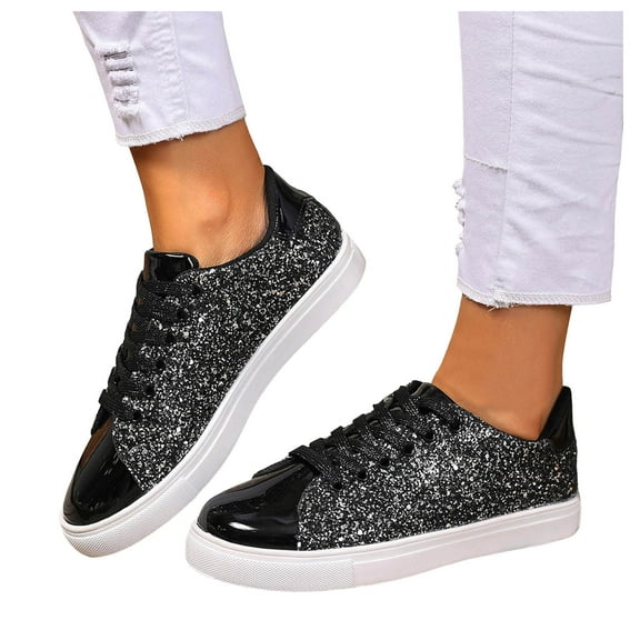 Womens Sequin Low Top Fashion Sneakers Sparkly Leather Lace up Casual Flats Walking Tennis Shoes Party Favor