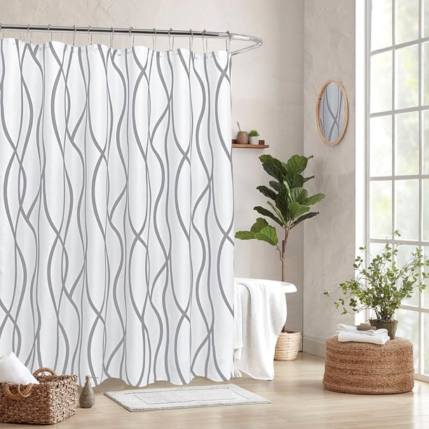 Cortina de ducha de tela texturizada de 180 x 180 cm, con estampado de rayas gris plata, de lino, moderna, de lujo, para baño, lavable a máquina.
