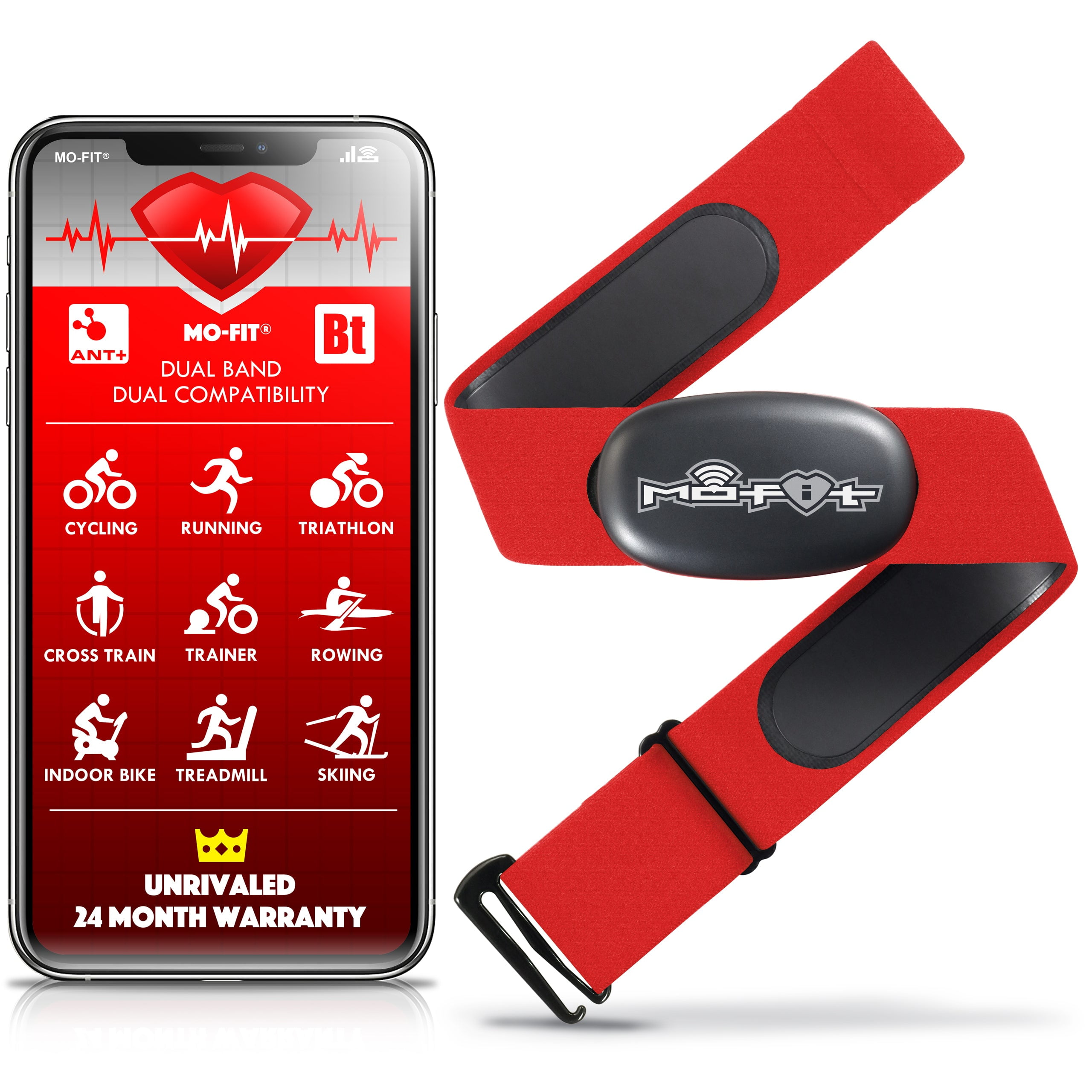 vil beslutte side Grudge Mo-Fit Heart Rate Monitor Chest Strap for Garmin, Apple, Android, Peloton,  Zwift, ANT+ and Most Bluetooth 4.0 Enabled Fitness Devices - Walmart.com