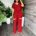 thumbnail image 3 of SELONE Lounge Sets for Women 2 Piece Outfits Dressy Pants Sets ’s Casual Fashion Solid Color Short Sleeve Top High Waist Straight Leg Pants Commuting Two-piece Set 6-Red XXL, 3 of 6