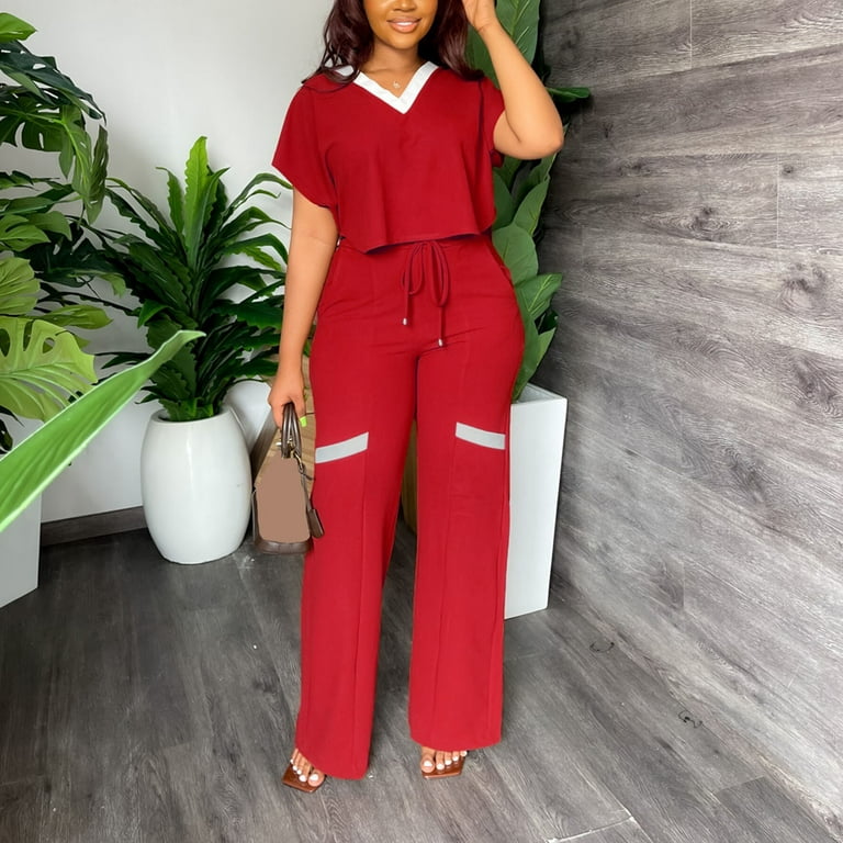 YWDJ 2 Piece Outfits for Women Pants Sets Dressy 's Casual Fashion Solid  Color Short Sleeve Top High Waist Straight Leg Pants Commuting Two-piece Set  Red M 