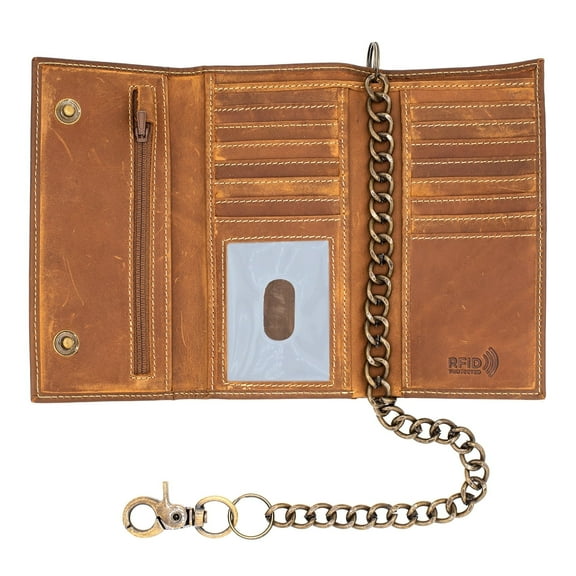 Long Trifold RFID Blocking, Credit Card Money Organizer, Top Bill Slot, Leather Biker Trifold Chain Wallet Long Checkbook for Men