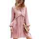 thumbnail image 1 of Vestido de mujer con cuello en V, manga larga de linterna, empalme de encaje, cintura alta, vestido con ribete de volantes para niñas, rosa S, 1 of 6