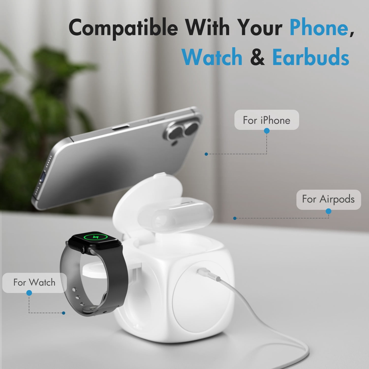 Magnetic Charging Station, 3 in 1 Wireless Charger for iPhone 16 15 14 13 12 11 8 X XR SE , Compatible with Apple Watch Series, for AirPods Pro 4 3 2 1, Perfect for Office Travel(White)