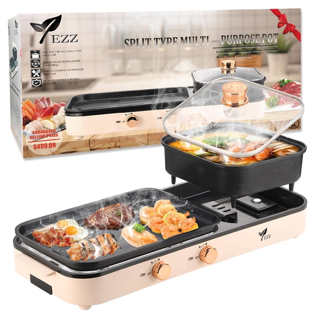 2025 Electric Hot Pot with Grill,2-10 People Indoor Hot Pot 2 in 1 Multi-function Smokeless Shabu-Shabu Hotpot Korean BBQ Grill for Simmer,Separate D