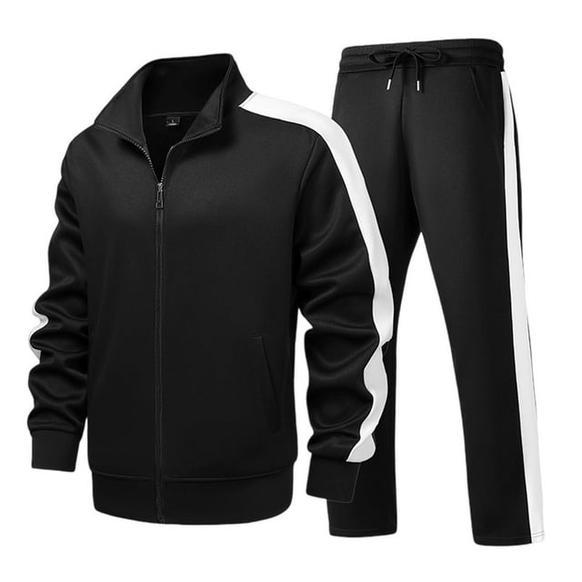 Ecqkame Men Tracksuits 2 Piece Color Block Outfits Long Sleeve Full Zip Stand Up Collar Jackets and Pants Running Sports Sets Black XXL