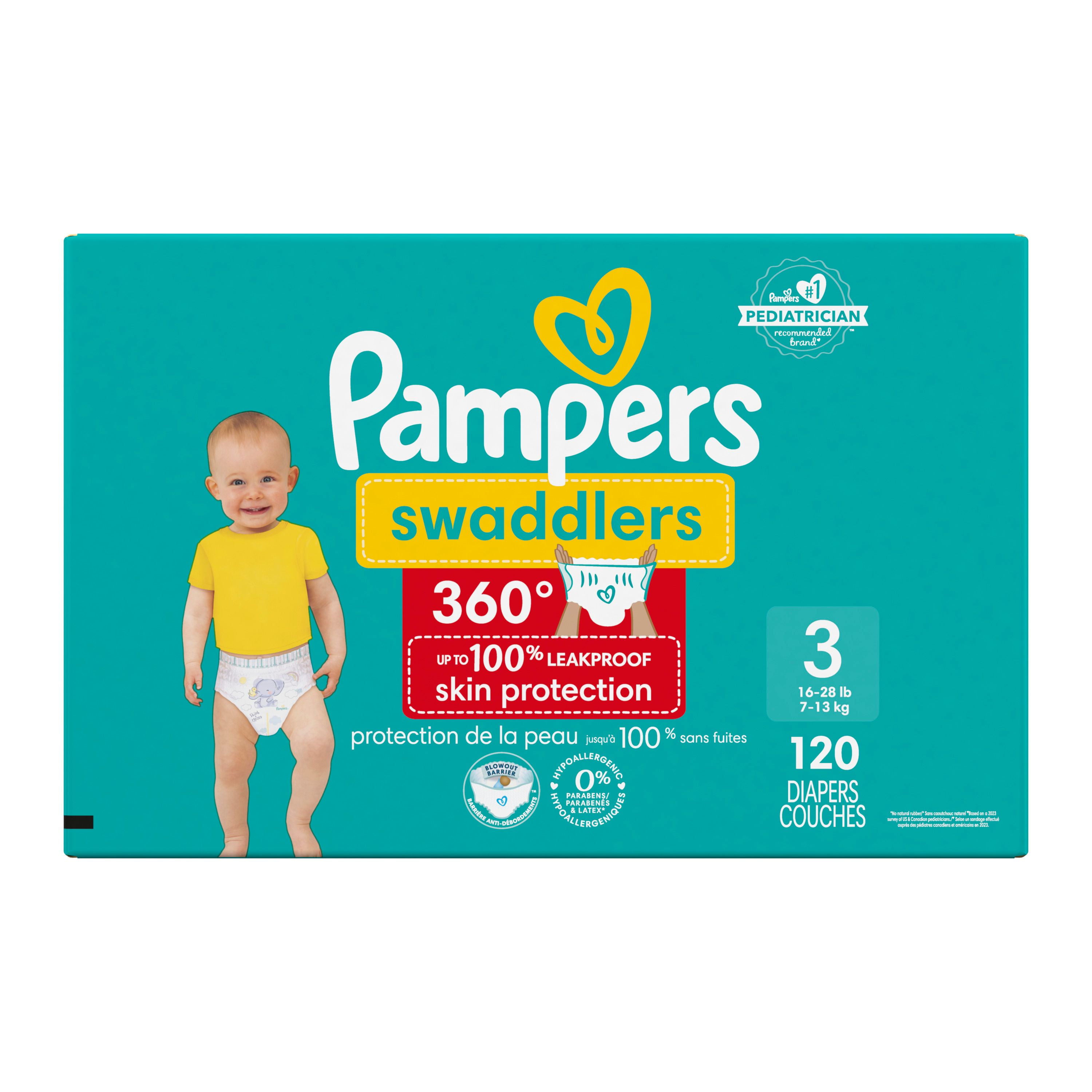 Pampers Swaddlers 360 Pull-On Diapers, Size 3 (16-28 lbs), for up to 100% Leakproof Skin Protection, 120 Count